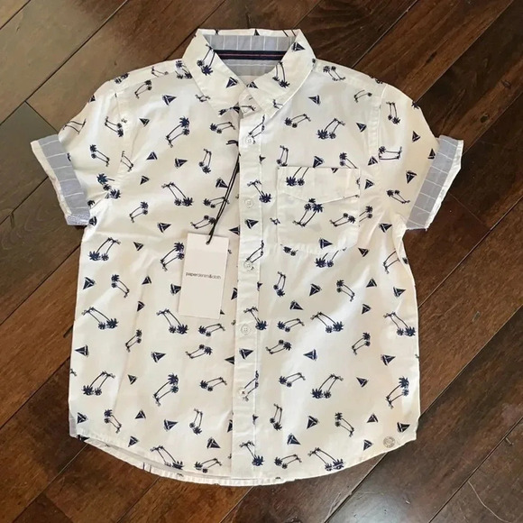 Paper denim & cloth boy’s short sleeved button down, white & navy. Boy’s size 5 - Picture 1 of 7